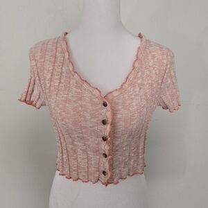 BDG Urban Outfitters Cody Ruffle Pink and White Ribbed Button-Down Shirt